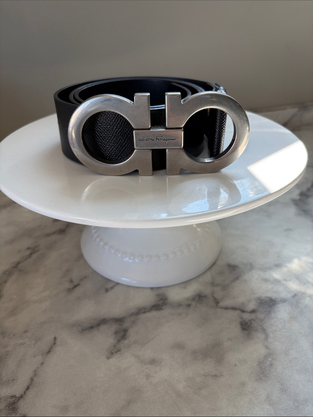 Salvatore Ferragamo Black Leather Belt with Signature Silver Gancini Buckle
